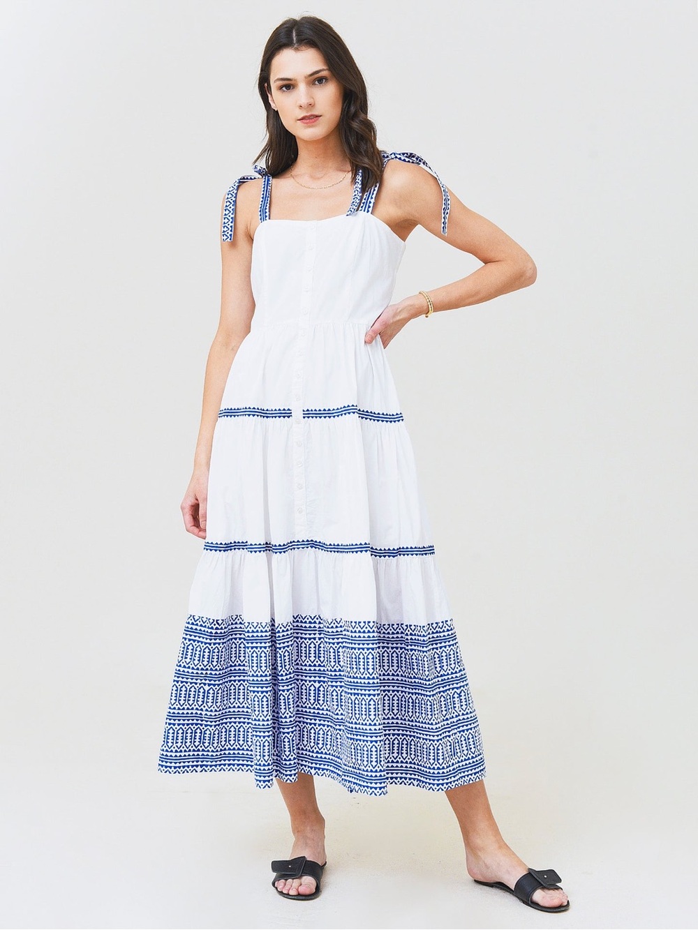 Oliphant Mykonos Tiered Midi Dress Size XS White Blue